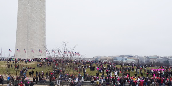 Marchers and signs congregate at Washington Monument